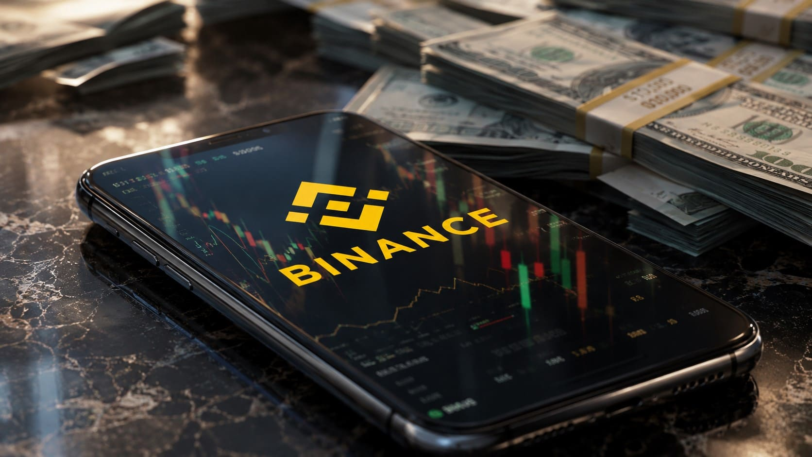 Binance on a phone beside cash and market charts