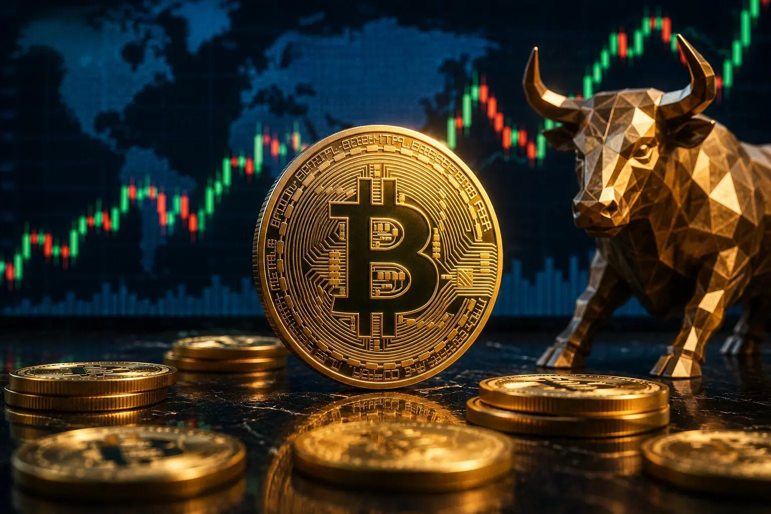 Bitcoin beside a rising chart and a bull figure